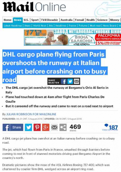 В Италии грузовой самолет не смог приземлиться и упал на автотрассу
