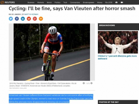 На Олимпиаде в Рио велогонщица из Нидерландов сломала позвоночник (видео)