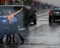 Полуобнаженная активистка Femen пыталась запрыгнуть на кортеж Трампа